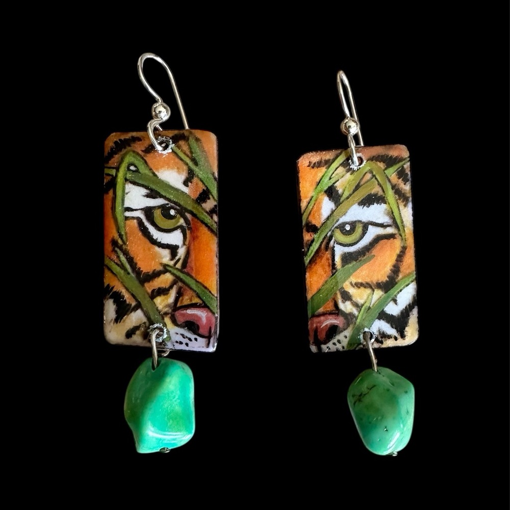 Tiger eyes handpainted earrings green stone sterling silver wires big cats wild